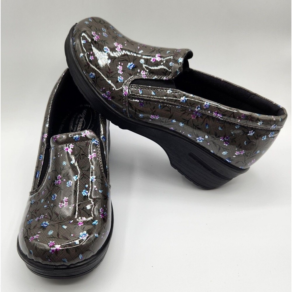 Easy Works By Easy Street Leeza Clogs Gray Blue Purple Floral Women's Size 9 M